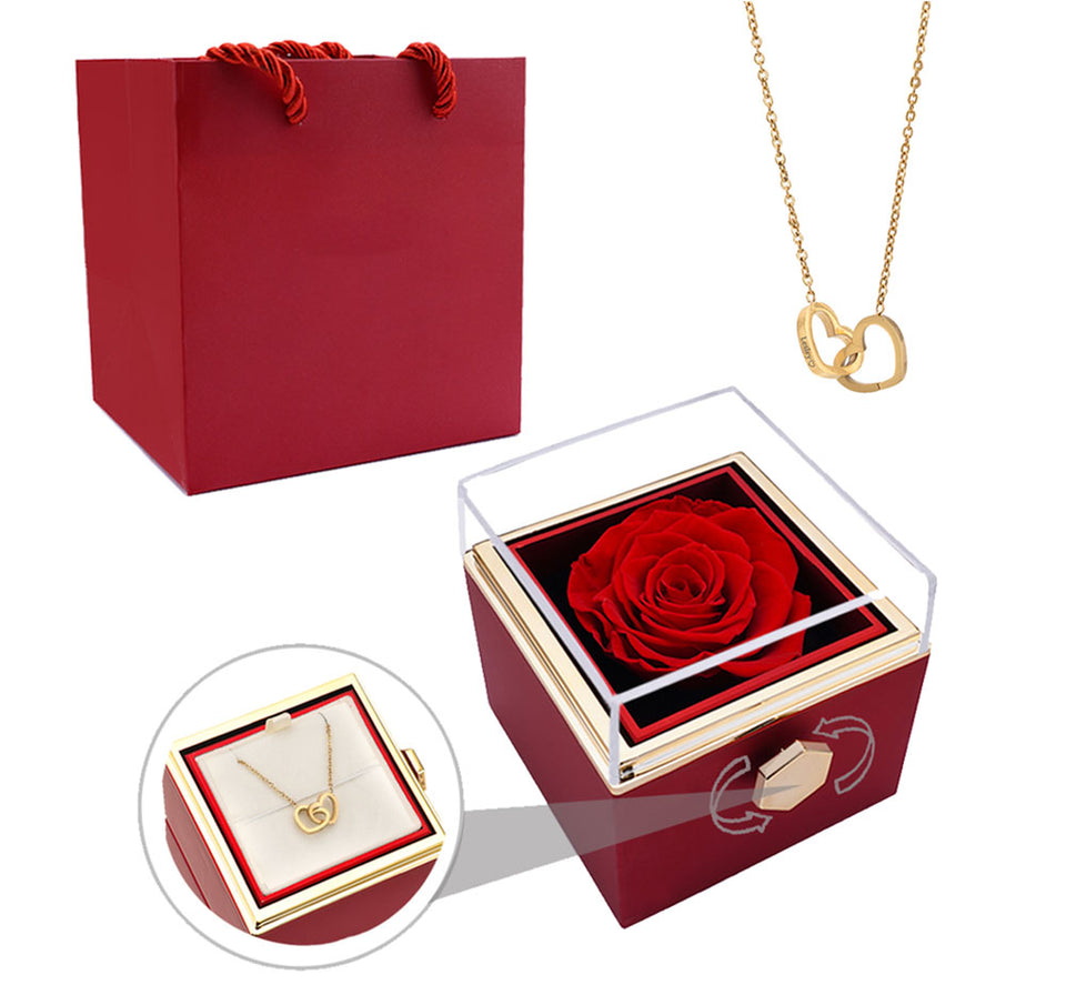 Eternal Preserved Rotating Rose Box With Engraved Necklace