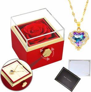 V-Day Rotating Natural Eternal Rose Jewelry Box With Necklace