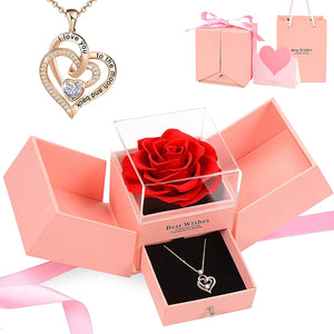 Jewelry Rose Box With "I Love You In 100 Languages" Necklace -  Pink-Box-With-Gold-Necklace