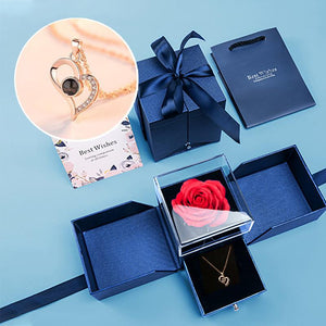 Jewelry Rose Box With "I Love You In 100 Languages" Necklace Royal Blue