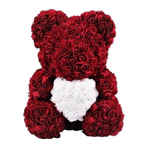 burgundy rose teddy bear with white heart