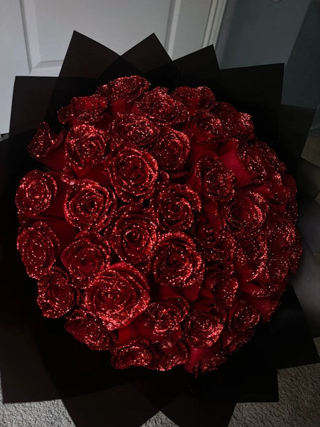 glitter rose bouquet in red color, top close-up view