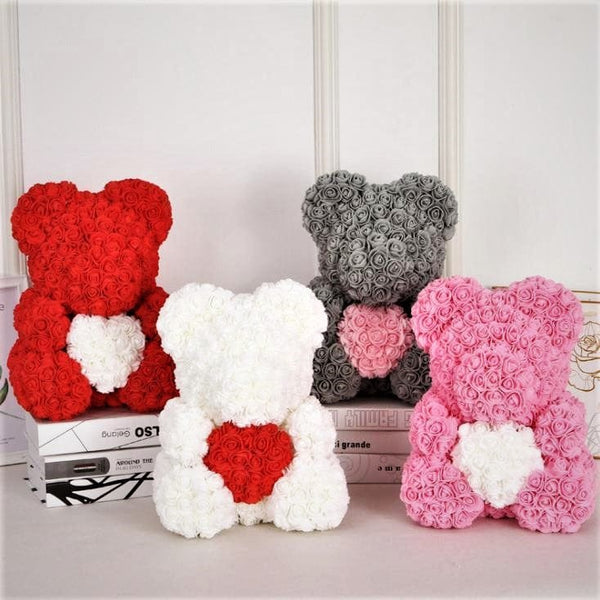 rose bear gift guide showing four different flower bears with hearts