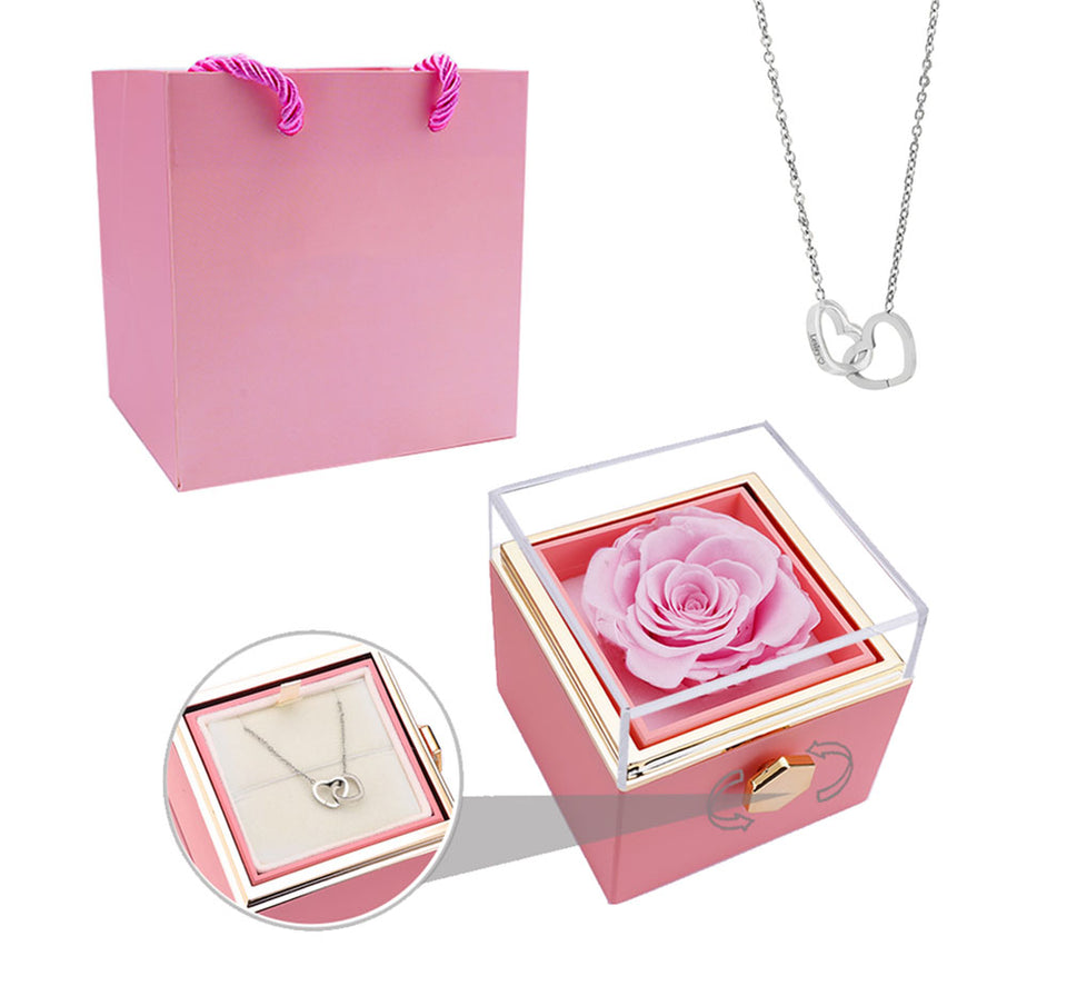 V-Day Eternal Preserved Rotating Rose Box With Engraved Necklace