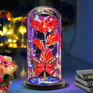 LED Rose In Glass Dome -  Galaxy-Red-Butterfly-New