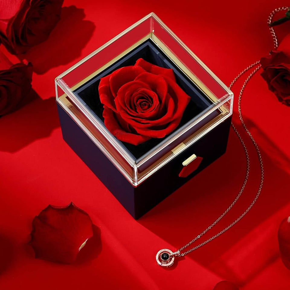 V-Day Rotating Natural Eternal Rose Jewelry Box With Necklace