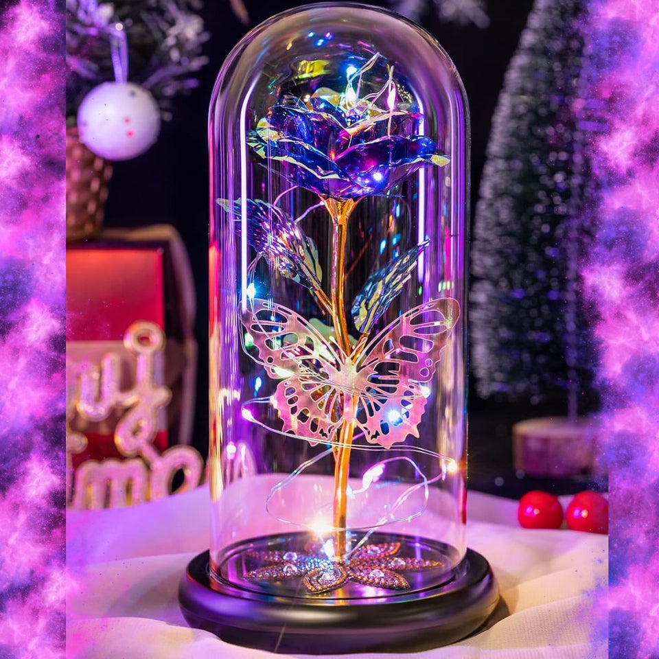 LED Rose In Glass Dome -  Galaxy-Purple-Butterfly-2-NEW