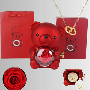 purple variant of the preserved rose bear box with silver necklace