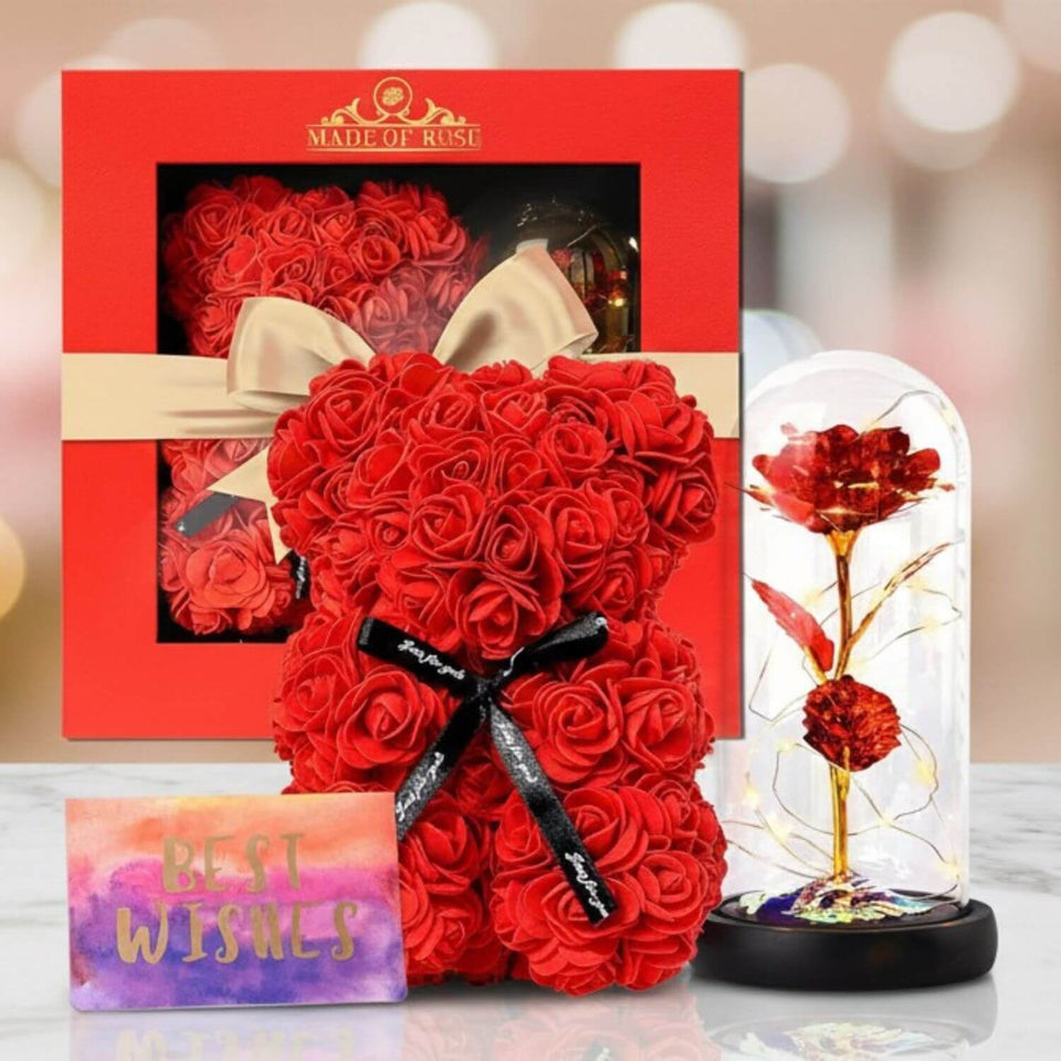 Valentine's Day Gift Bundle Rose In Glass + Rose Bear Red [NEW]