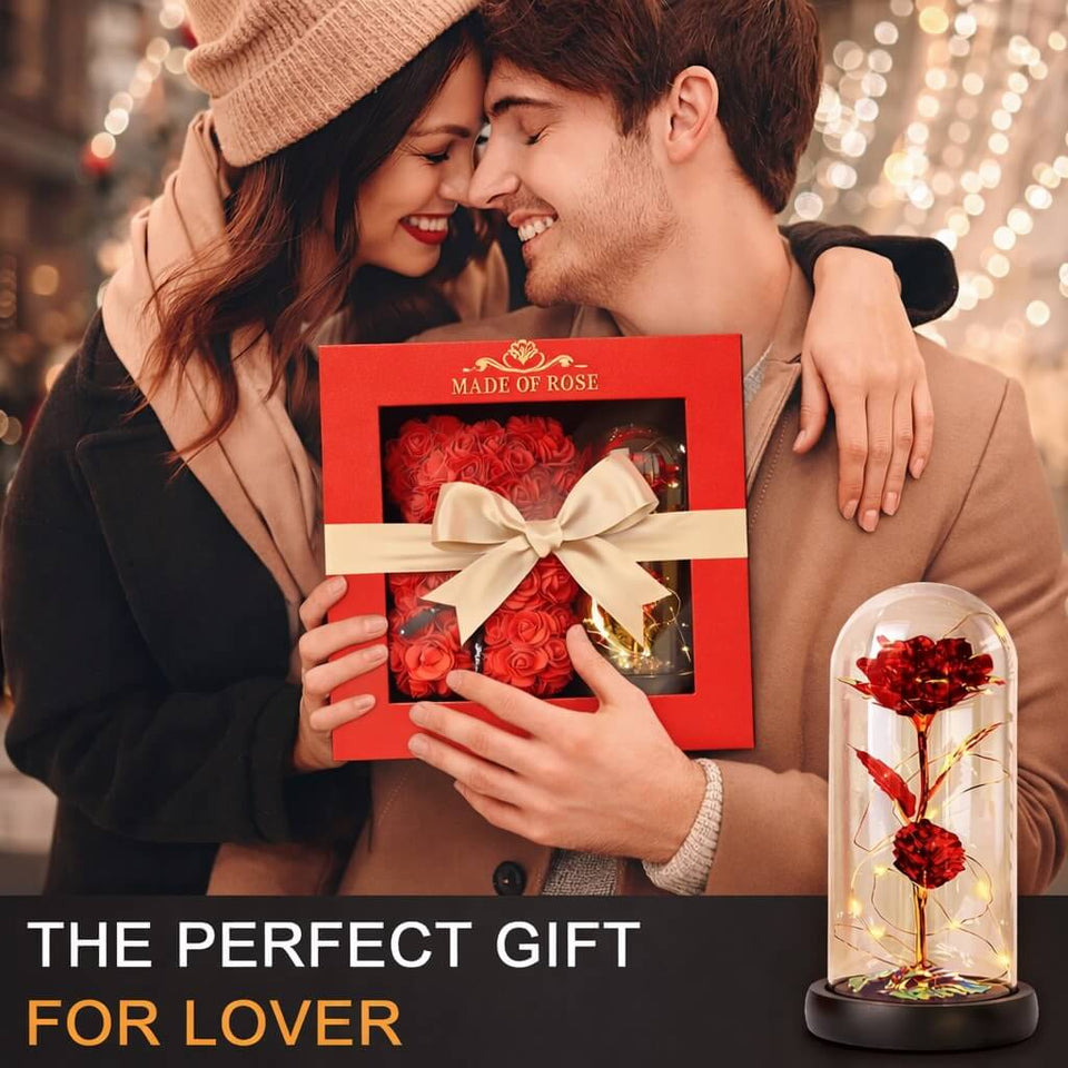 Valentine's Day Gift Bundle Rose In Glass + Rose Bear Red [NEW]