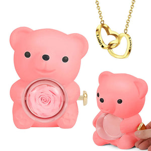 Preserved Rose Bear Box With Engraved Necklace [NEW]