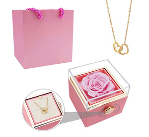 Eternal Preserved Rotating Rose Box With Engraved Necklace -  Pink-Gold-Necklace