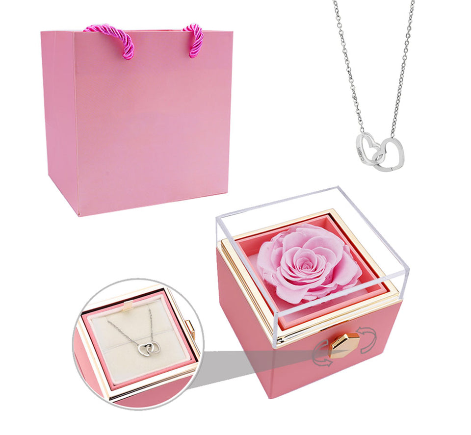 Eternal Preserved Rotating Rose Box With Engraved Necklace -  Pink-Silver-Necklace