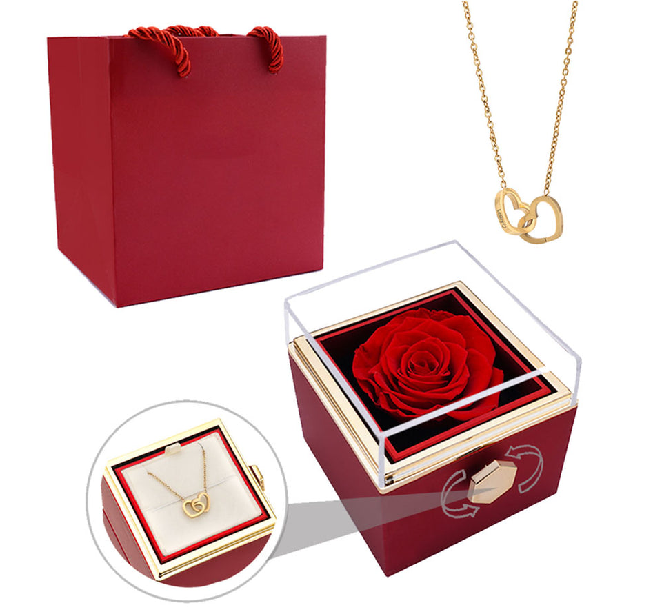 Eternal Preserved Rotating Rose Box With Engraved Necklace -  Red-Gold-Necklace