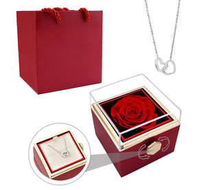 Eternal Preserved Rotating Rose Box With Engraved Necklace -  Red-Silver-Necklace