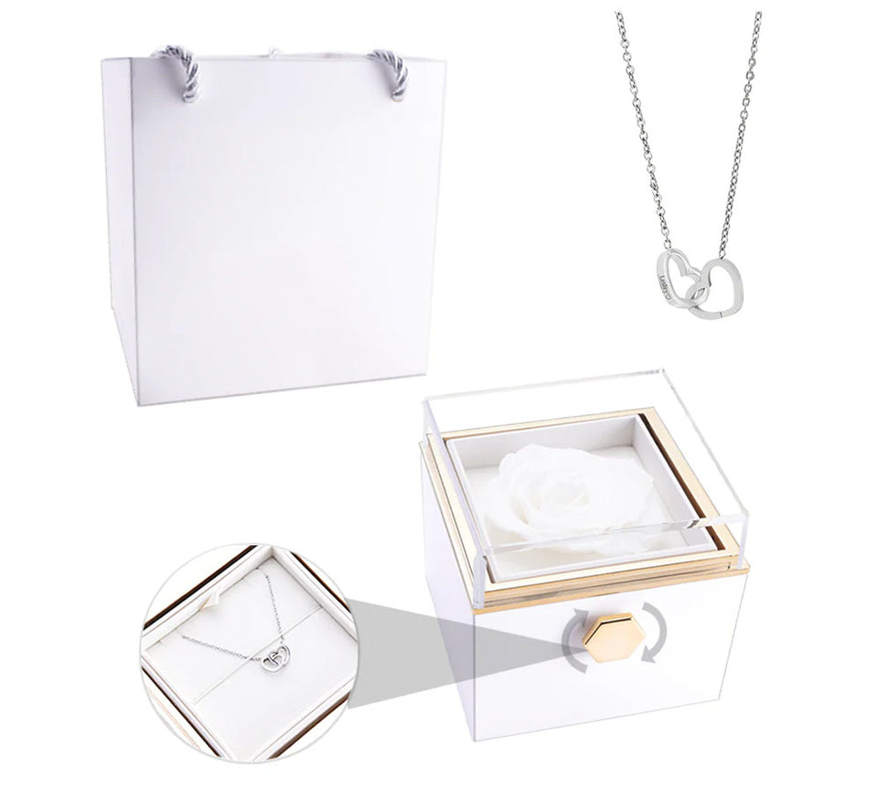 Eternal Preserved Rotating Rose Box With Engraved Necklace -  White-Silver-Necklace