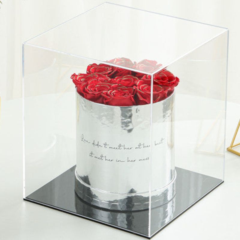 Luxury Round Silver Box Preserved Roses