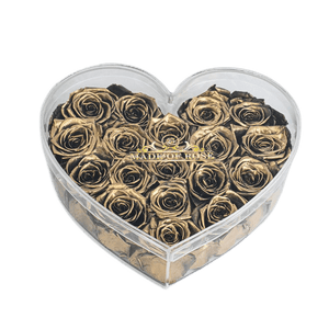 Madeofrose Luxury Golden Roses In Heart Acrylic Box