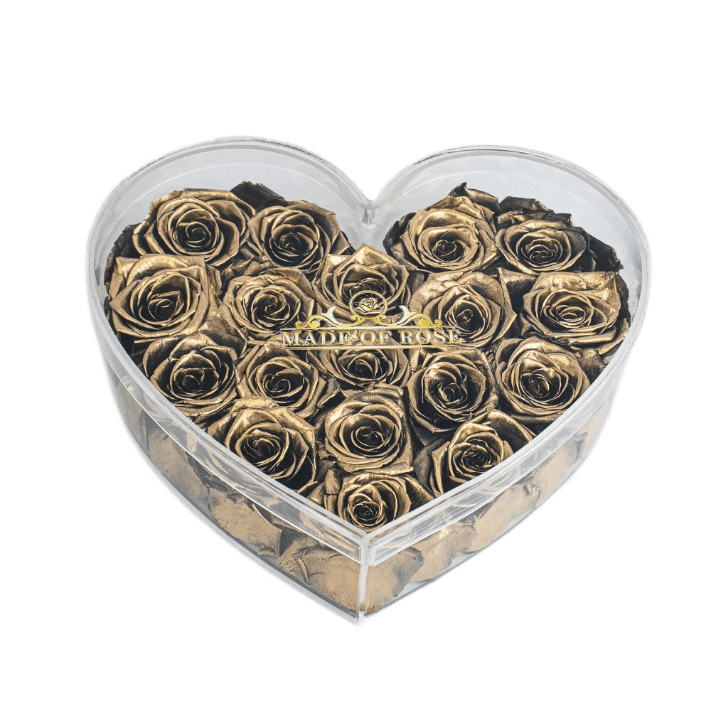 Madeofrose Luxury Golden Roses In Heart Acrylic Box