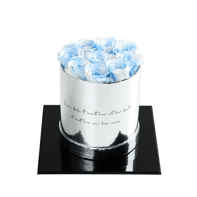 Luxury Round Silver Box Preserved Roses